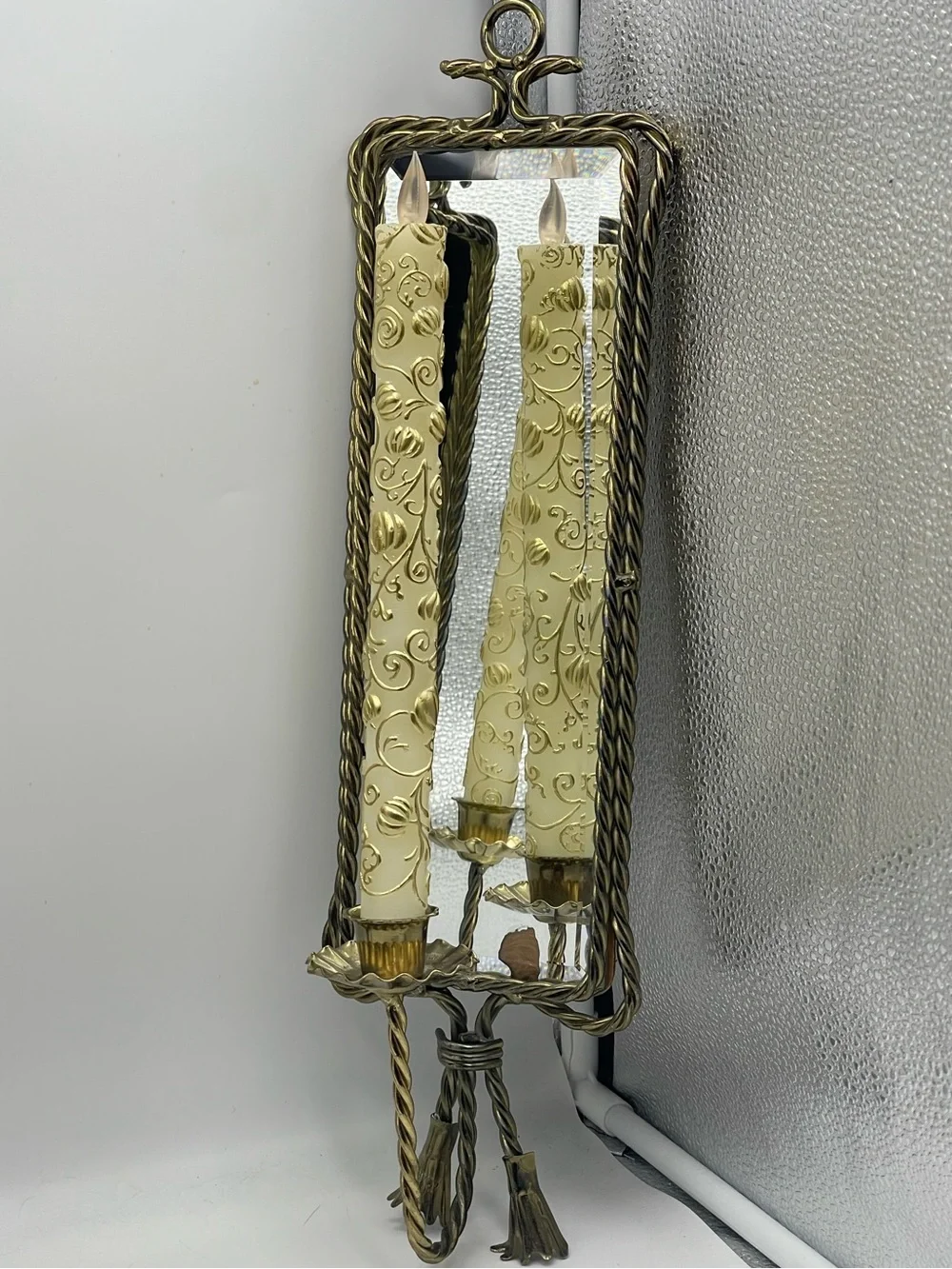 2 Mid Century Hollywood Regency Brass Rope & Tassel Mirrored Candle Wall Sconces